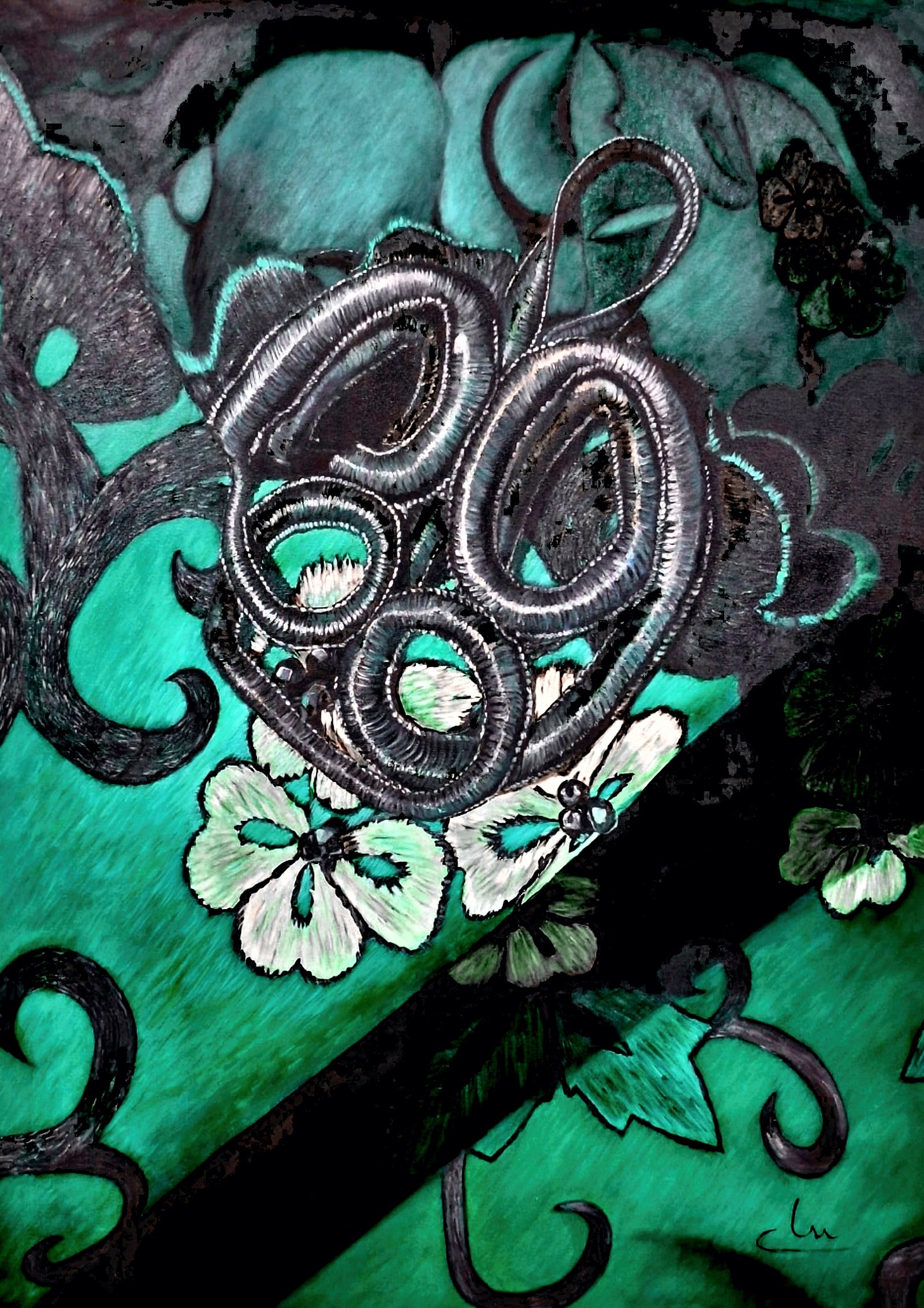 Óleo en tonos verdes con flores bordadas y cordón de pasamanería.